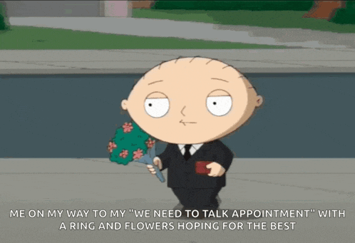 a cartoon character holding a bouquet of flowers with the caption " me on my way to my "