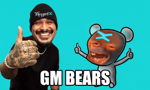 a man wearing a beanie that says whizzard giving a thumbs up next to a cartoon bear