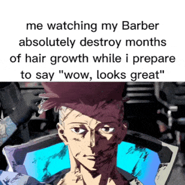 a meme about a barber destroying months of hair growth while preparing to say wow looks great