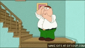 peter griffin from family guy is standing on a staircase