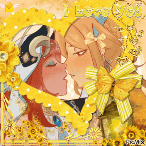 a picture of two girls kissing with the words " i love you " written above them