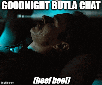 a man laying down with the words goodnight butla chat beef beef