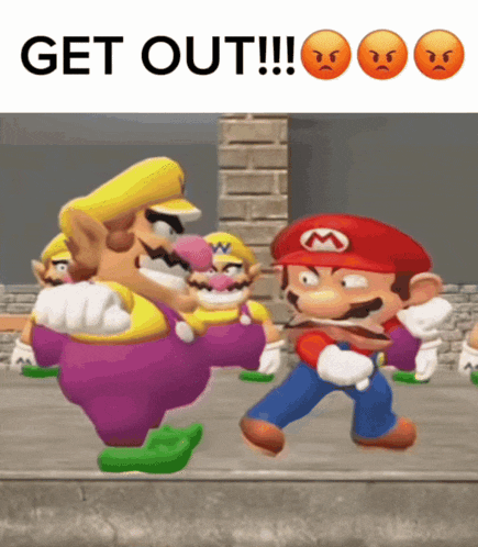 a cartoon of mario and wario standing next to each other with the words get out below them