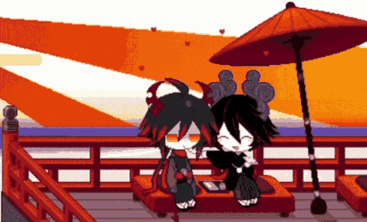 two anime characters sitting under an umbrella on a balcony