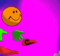 a cartoon character with a smiley face and green hands is holding a beach ball .