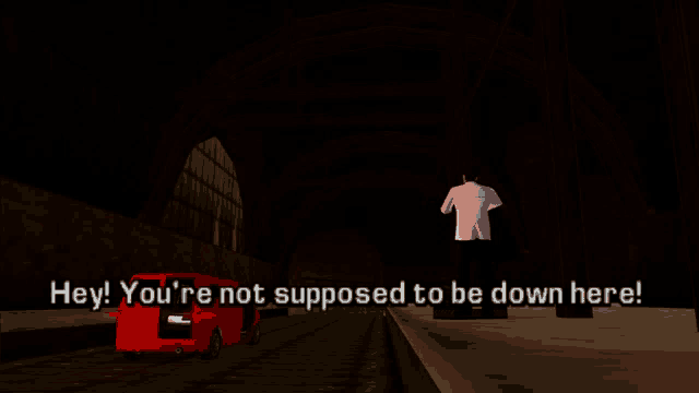 a screenshot of a video game with the words hey you 're not supposed to be down here at the bottom