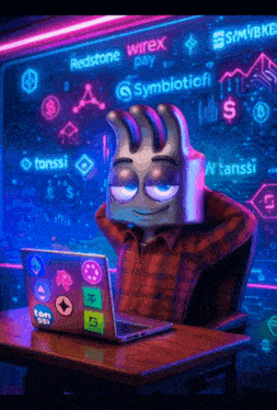 a cartoon character is sitting at a desk using a laptop with stickers on it