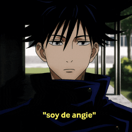 a black haired anime character with the words " soy de angie " on the bottom right