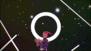 a person in a purple suit is standing in a circle with their hands in the air