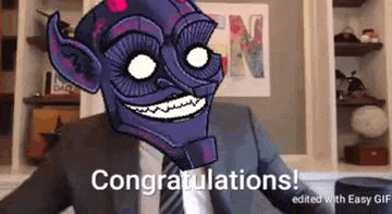 a cartoon character in a suit and tie is congratulating someone with a purple mask .