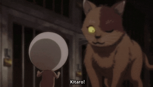 a cat with yellow eyes is standing next to a cartoon character with a white head