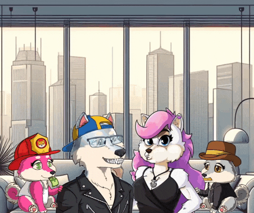 a cartoon drawing of a family with a fireman hat on
