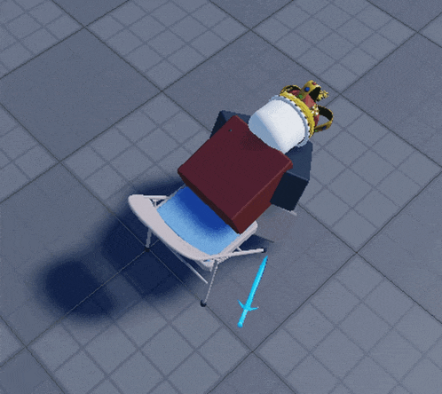 a cartoon character with a crown is laying on a chair next to a blue sword