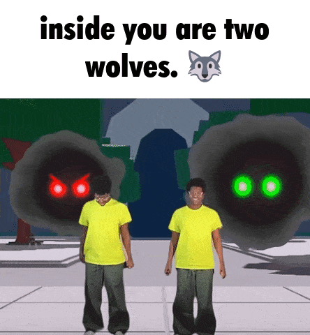 two men in yellow shirts are standing next to each other in front of two wolves