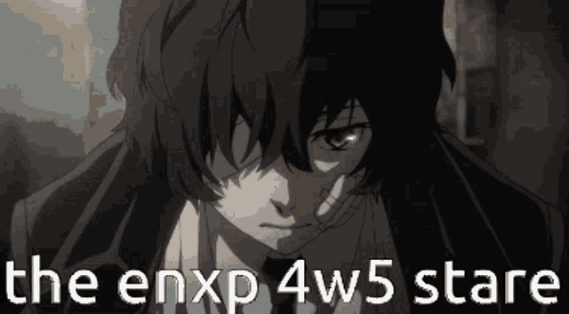 a close up of a person with the words " the enxp 4w5 stare " below them