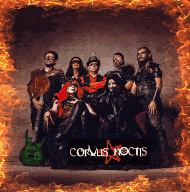 a group of people posing for a picture with the word corvus nocti on the bottom right