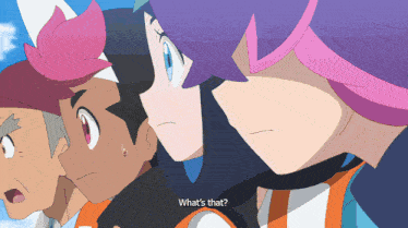 a group of cartoon characters are looking at something and one of them says " what 's that "