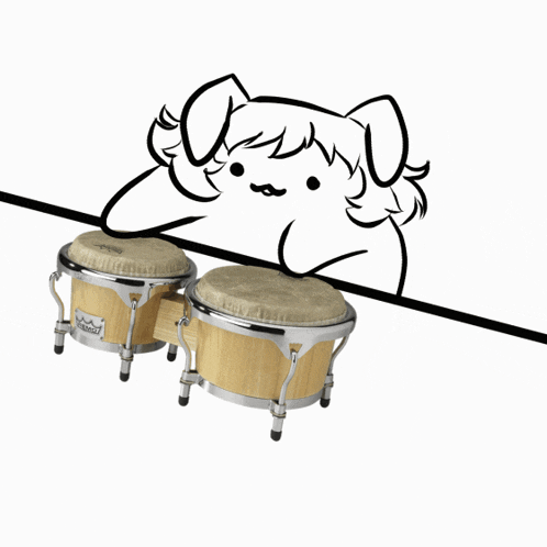a drawing of a dog behind a pair of remo bongos