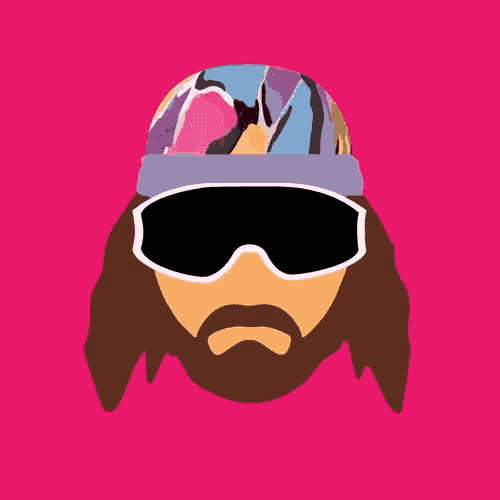 a man with a beard wearing sunglasses and a hat says oh yeah on a pink background