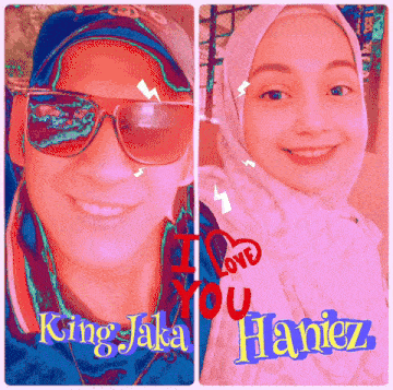 a man and a woman wearing sunglasses and a hijab with the words " i love you haniez "