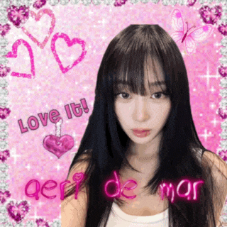 a girl with long black hair is surrounded by hearts and butterflies and says love it