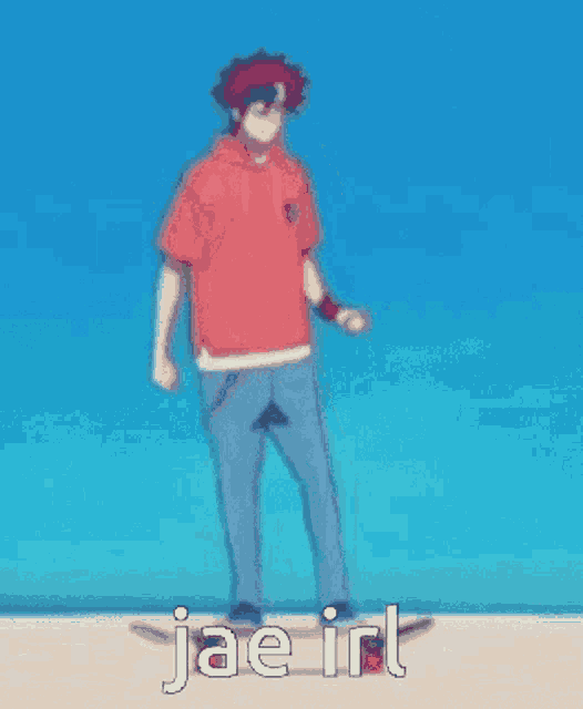 a man is dancing on a skateboard with the words jae irl written on the bottom