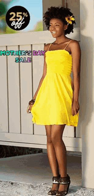 a woman wearing a yellow dress is standing in front of a sign that says mother 's day sale