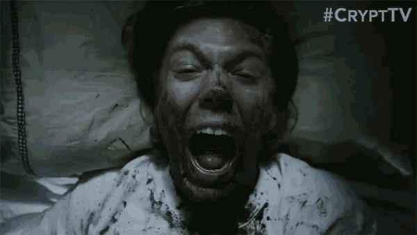 a woman with blood on her face is screaming in bed with #crypttv written above her