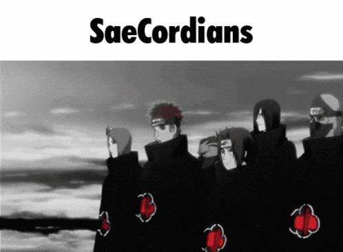 a group of anime characters standing next to each other with the words saecordians written above them