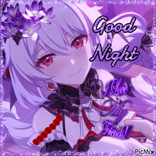 a picture of a girl with purple flowers on her head and the words good night i love my friends