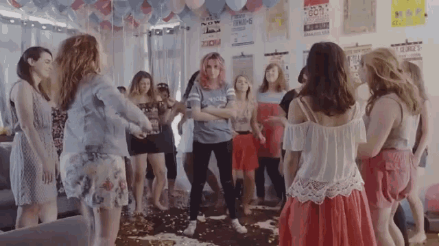 a group of girls are dancing in a room with balloons on the ceiling