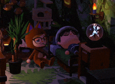 a cartoon character in a fox costume is sitting next to a sleeping person