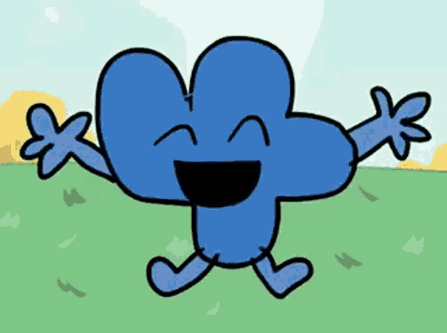 a blue cartoon character is standing in a field with his arms outstretched and a smile on his face .