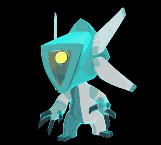 a blue and white robot with a yellow eye and wings
