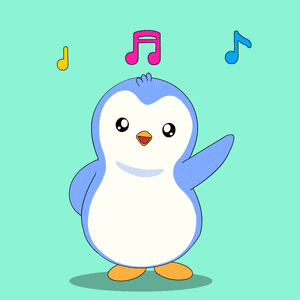 a blue and white penguin is dancing with music notes surrounding it