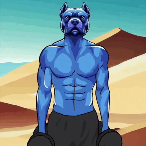 a cartoon of a blue man with a dog head holding dumbbells