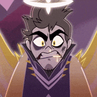 a cartoon character with a halo on his head is looking angry