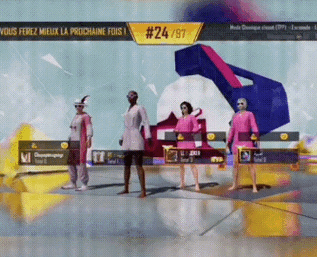 a group of people standing in front of a screen that says # 24/97 on it