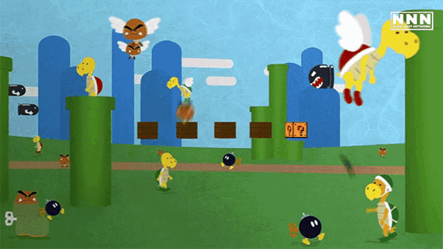 a cartoon drawing of a mario game with the letters nnn on the bottom right