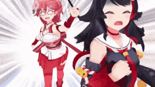 two anime girls are standing next to each other and one is holding a sword