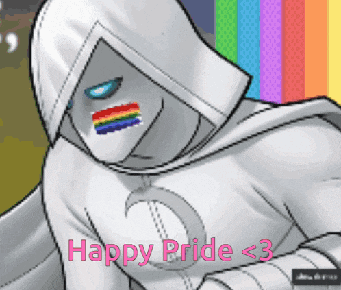 a cartoon character with a rainbow flag on his face and the words happy pride < 3 below him