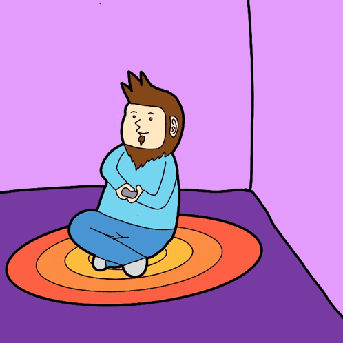 a cartoon of a man sitting on a rug with his legs crossed