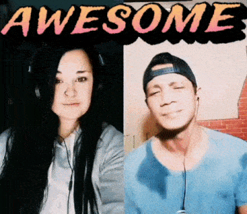 a woman wearing headphones next to a man wearing a baseball cap with the words awesome written above them