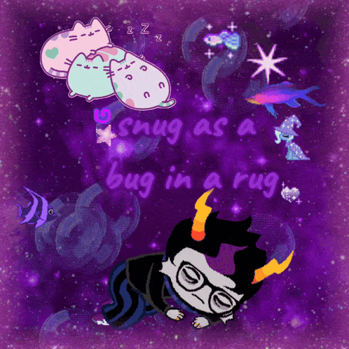 a purple background with cartoon characters and the words " snug as a bug in a rug "