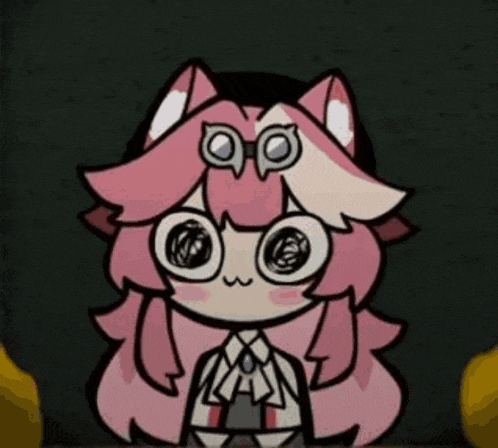 a cartoon girl with pink hair and glasses is sitting in a chair .