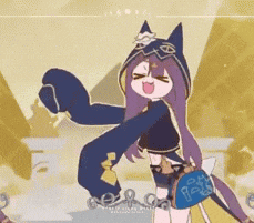 a cartoon of a girl with purple hair and a cat hood dancing
