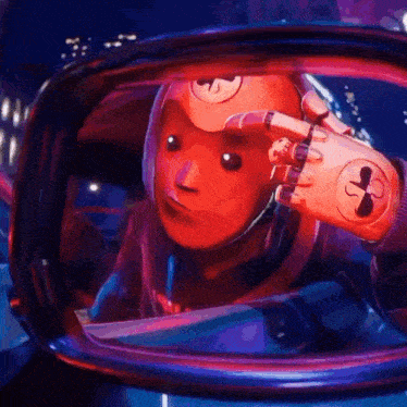 a person in a red mask is looking through a car rear view mirror