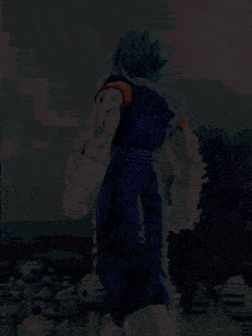 a cartoon character with blue hair is standing in front of a group of robots