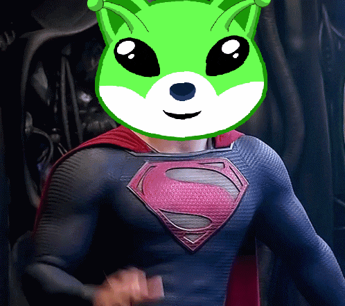 a man in a superman costume with a green cat head