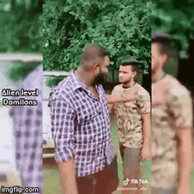 a man in a plaid shirt is standing next to a man in a camo shirt .